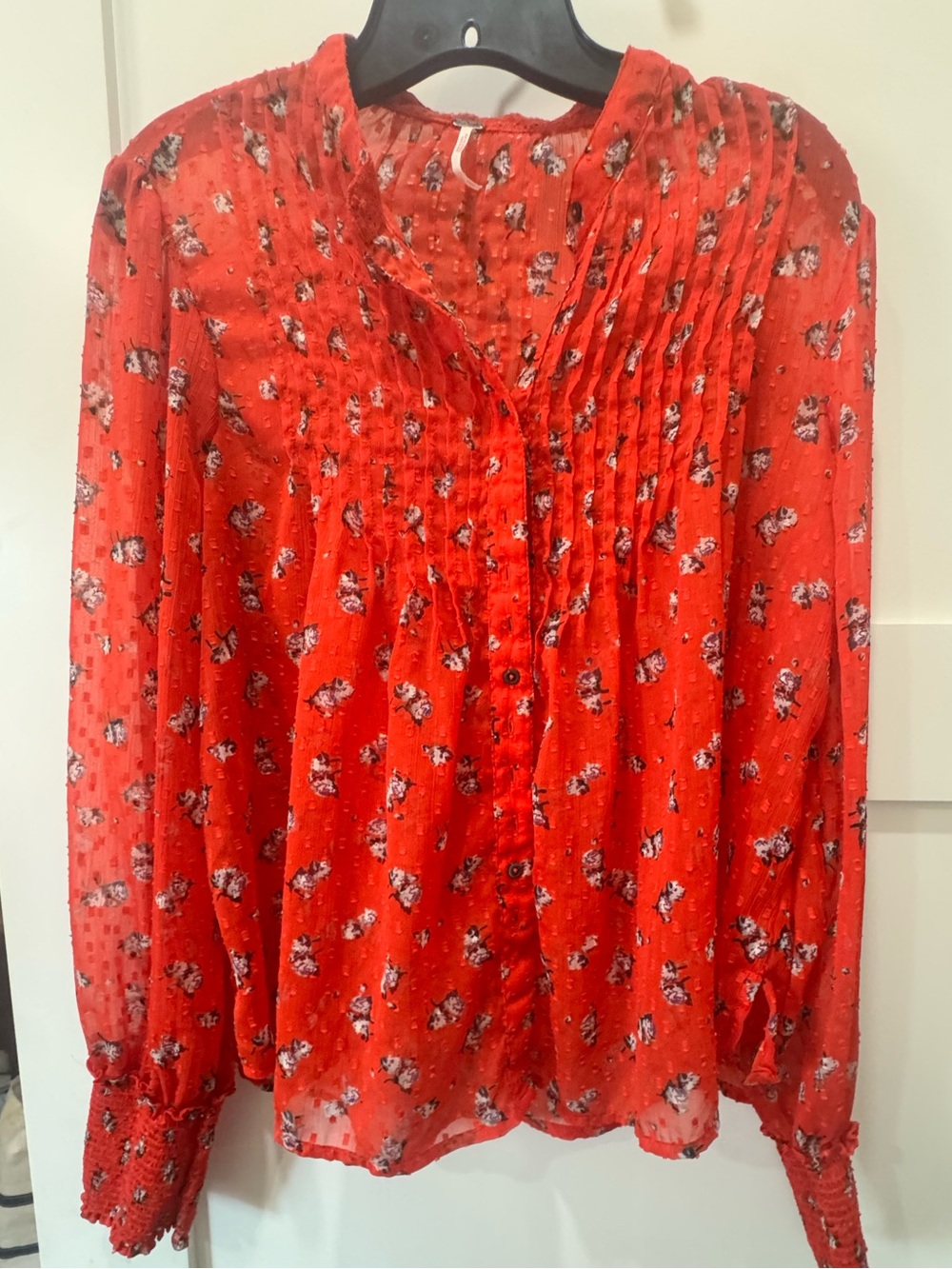 Free People Flowy Sheer Red Floral Pintuck Button-Front Blouse Size Small